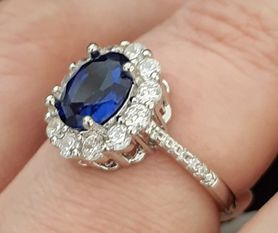 Rings 925 Sterling Silver Adjustable Princess Blue Stone Flower Cut Ring