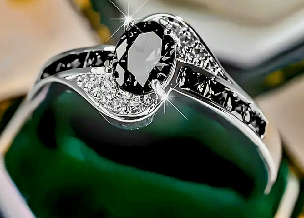 Rings 925 Silver Oval and Square Cut Black Zirconia's and White Zirconia's