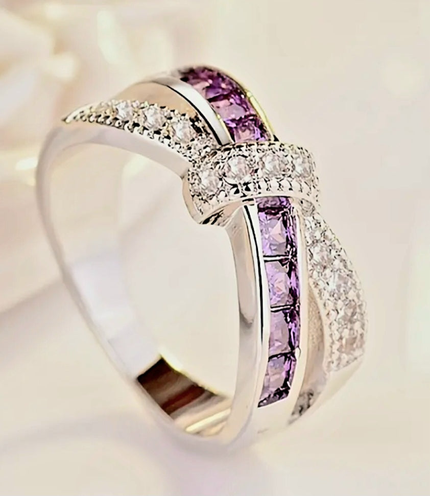 Rings 925 Silver Cross Over Knot With Purple Marble and Zirconia's (comes with an adjuster)