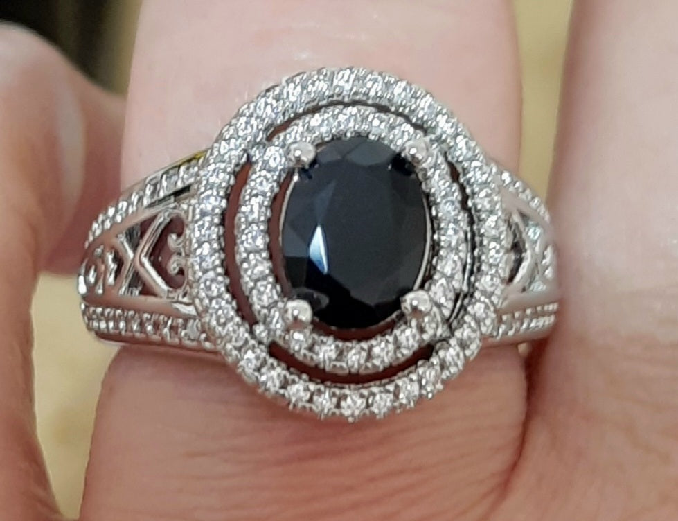 Rings 925 Sterling Silver Black Onyx Zirconia Ring (7 and 8) N and O/P