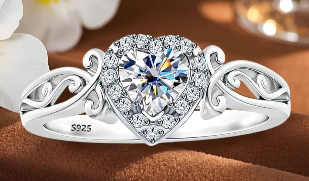 Rings 925 Sterling Silver Filligree Heart Shape Zirconia (7 M/N and 8 O/P)