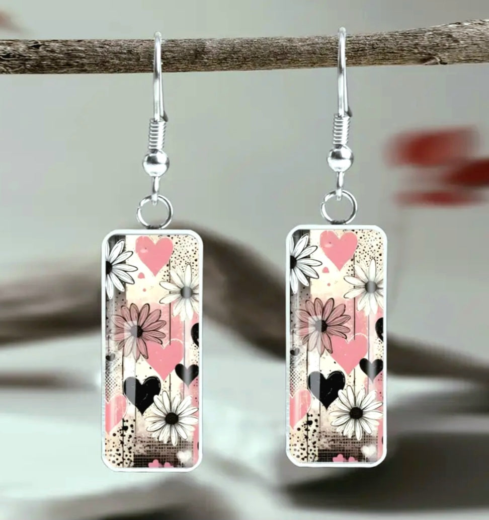 Earrings Real Titanium Glossy Finish Small Dangling Hearts and Flowers Beauties (No Tarnish)
