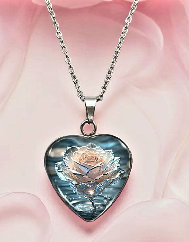 Necklaces Real Titanium Water Rose Heart Glass Finish Adjustable