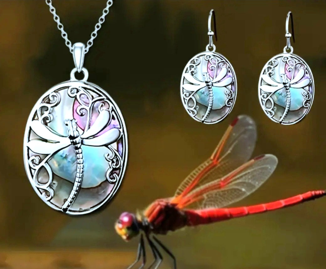 Earrings and Necklace Set Dragonfly Victorian Titanium Set