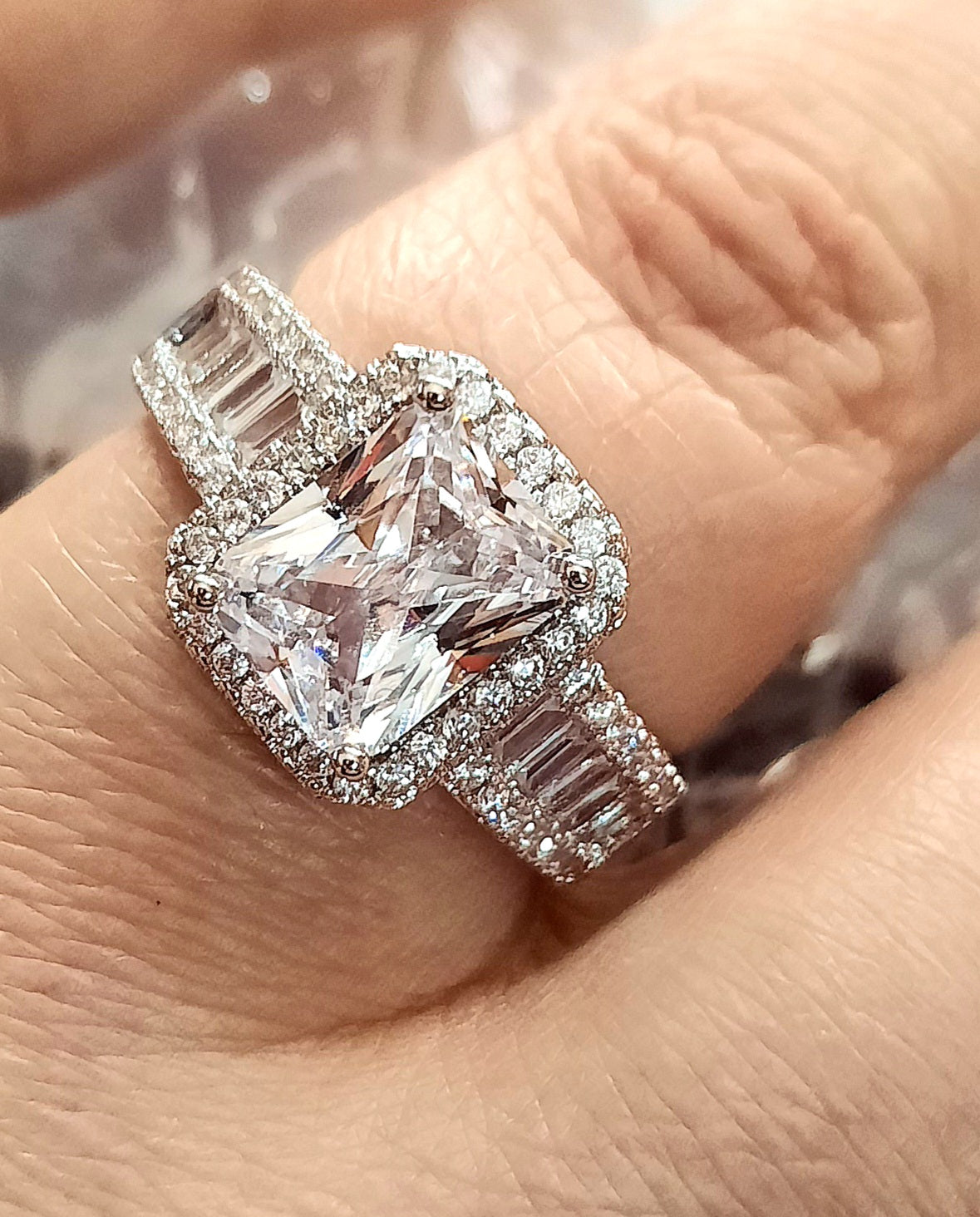 Rings 925 Sterling Silver Rectangle Moissanites Stone and Zirconia's setting