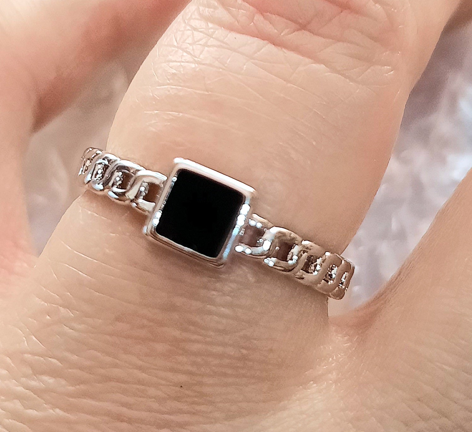 Rings 925 Silver Small Cut Square Black Onyx