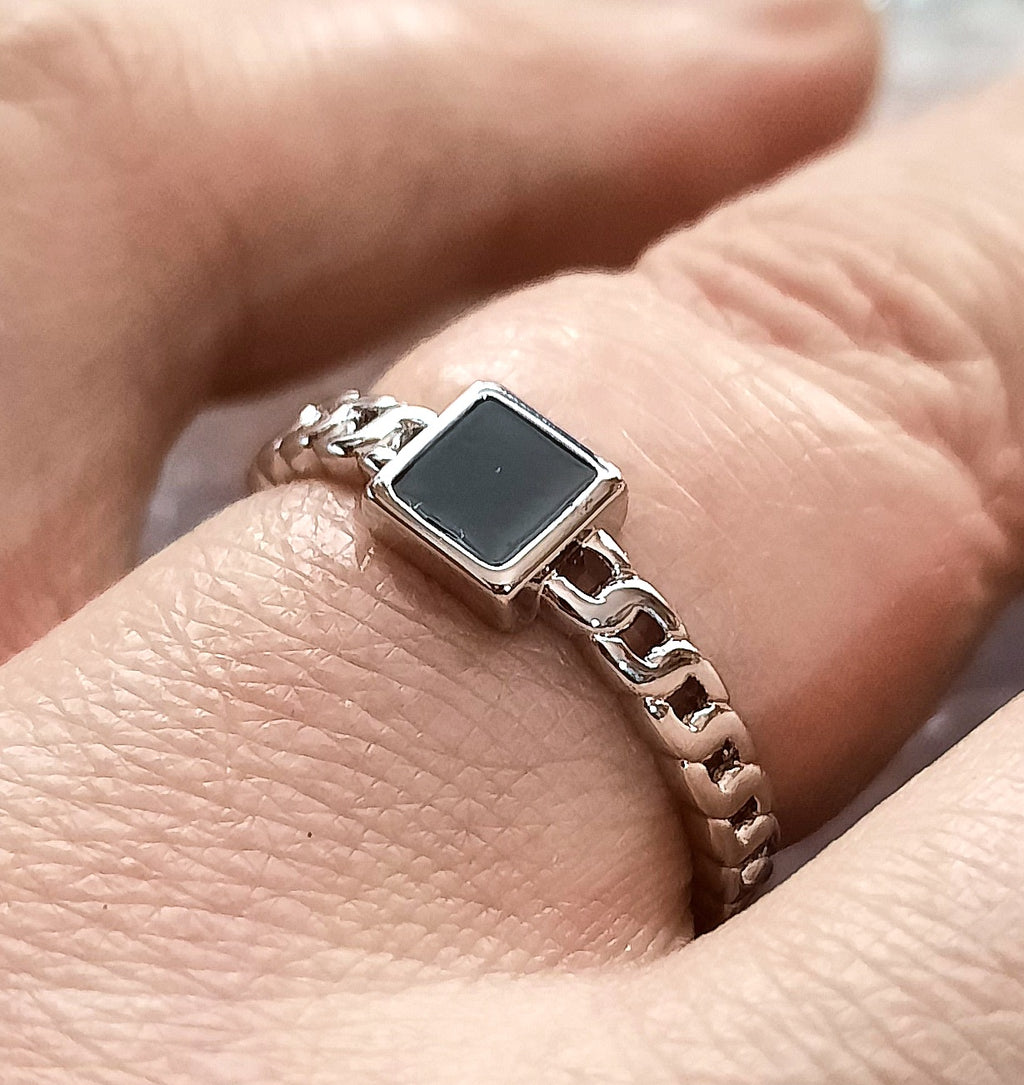 Rings 925 Silver Small Cut Square Black Onyx