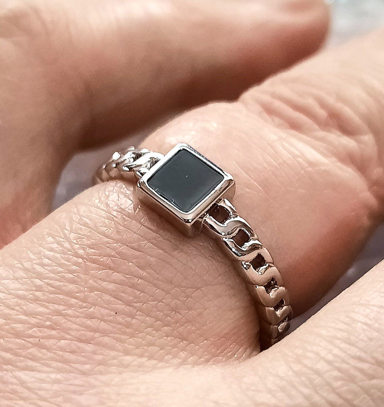Rings 925 Silver Small Cut Square Black Onyx