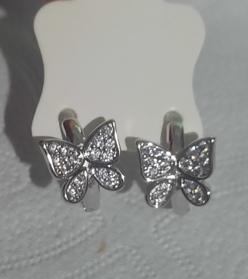 Earrings 925 Silver Beautiful Zirconia Butterflies Huggies
