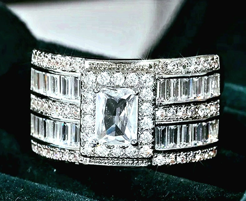 Rings Real Titanium No Tarnish Rectangle Stones with Small Zirconia Stones