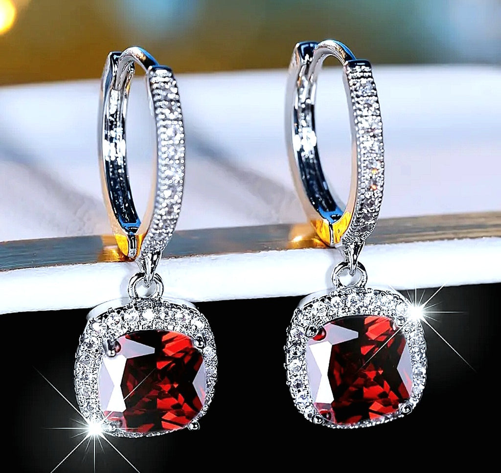 Earrings Pure Titanium Red and White Zirconia Square Huggies (Tarnish Free)