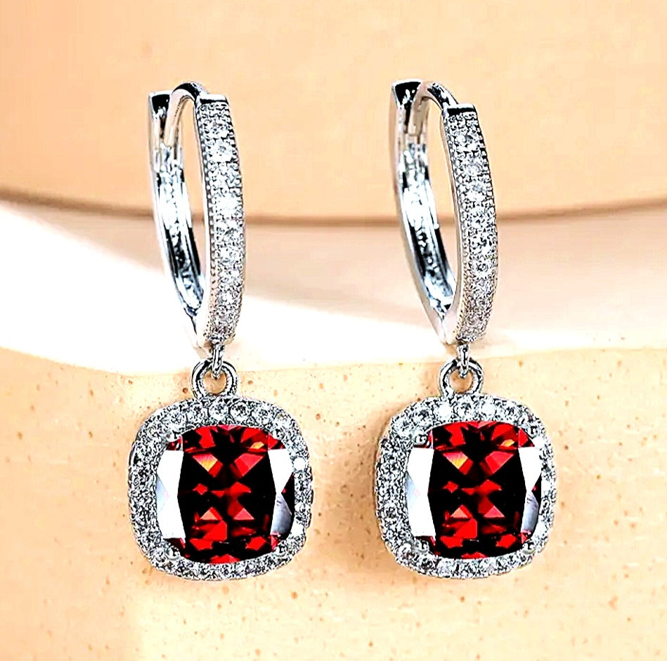 Earrings Pure Titanium Red and White Zirconia Square Huggies (Tarnish Free)
