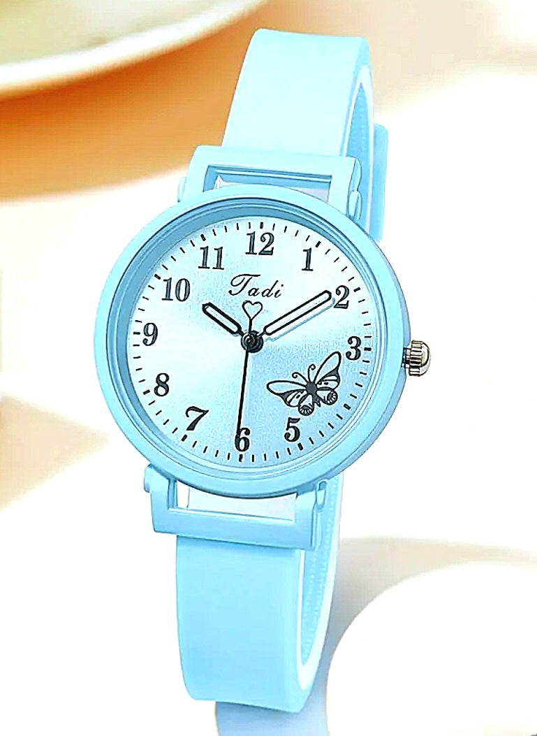 Watches A Stunning Blue Jadi Watch with a Strong Adjustable Silicone Band and Butterfly Detail