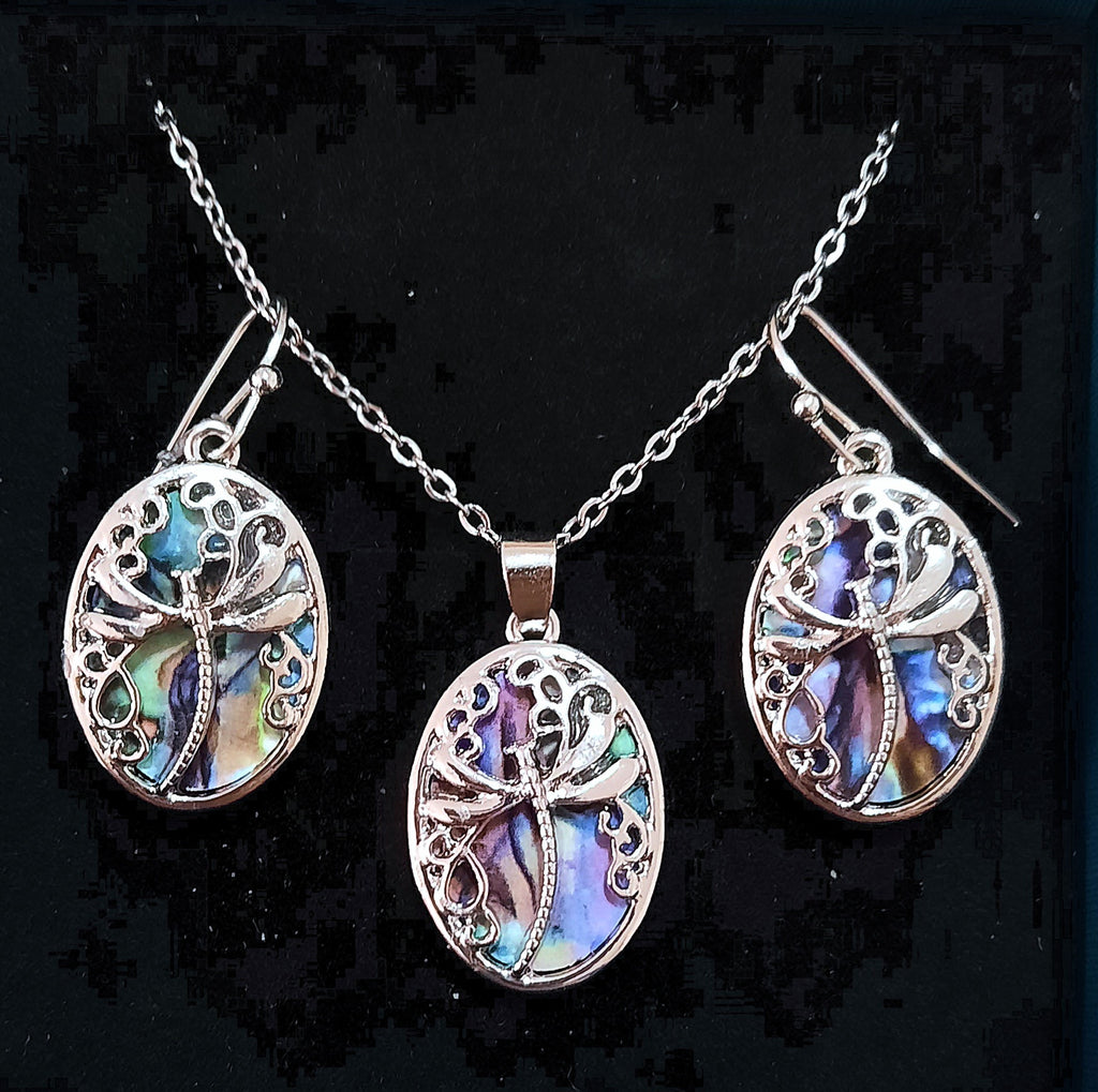 Earrings and Necklace Set Dragonfly Victorian Titanium Set