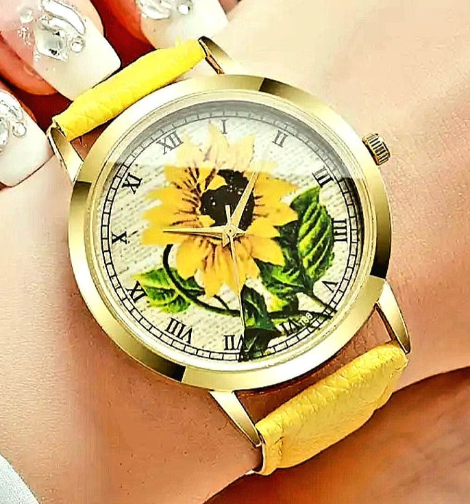 Watches Beautiful Yellow Faux Leather Sunflower Quartz Watch
