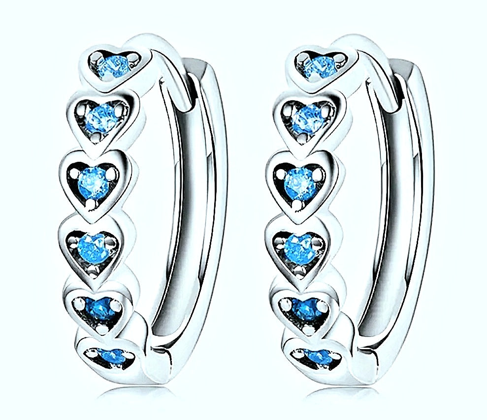 Earrings Blue Tanzanite Zirconia Heart Huggies 925 Sterling Silver