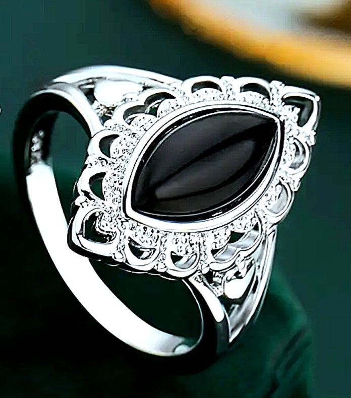 Rings 925 Sterling Silver Black Onyx Bohemian Filigree