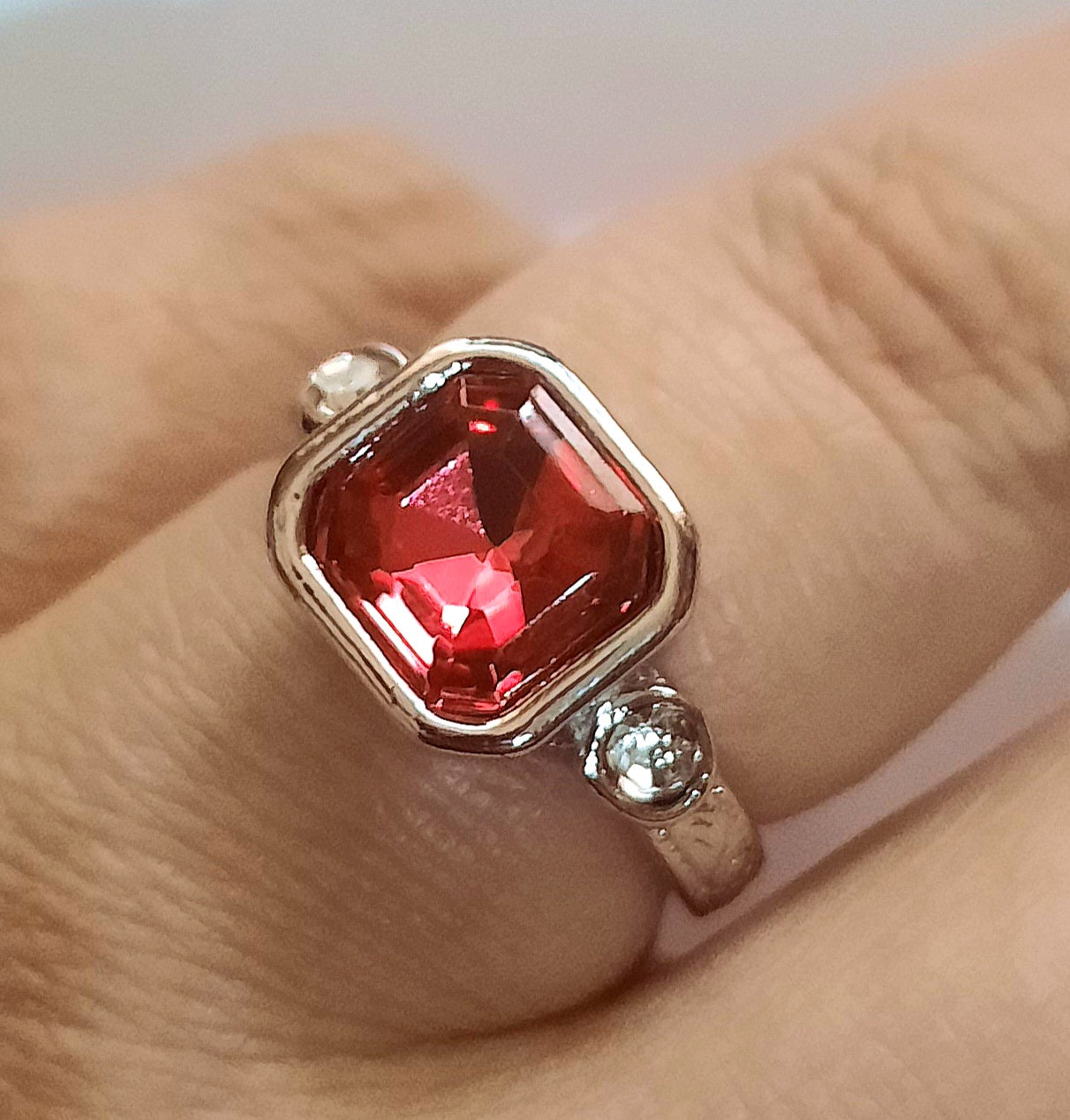 Rings Titanium Red Stone Zirconia Square with Two Side White Zirconia's