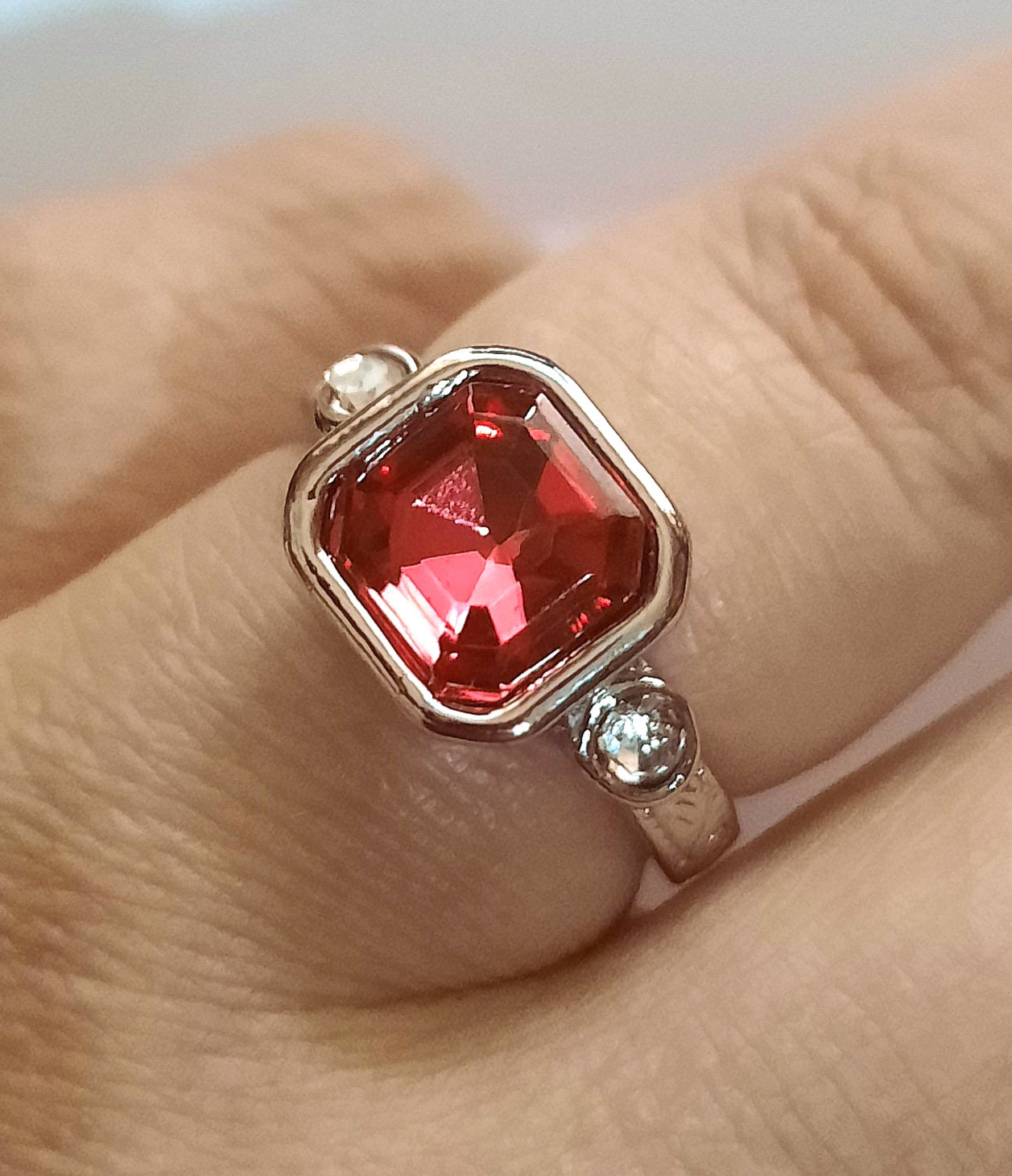 Rings Titanium Red Stone Zirconia Square with Two Side White Zirconia's