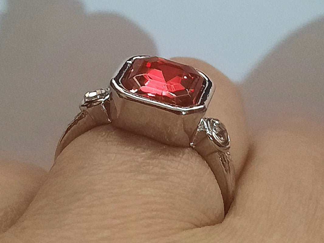Rings Titanium Red Stone Zirconia Square with Two Side White Zirconia's