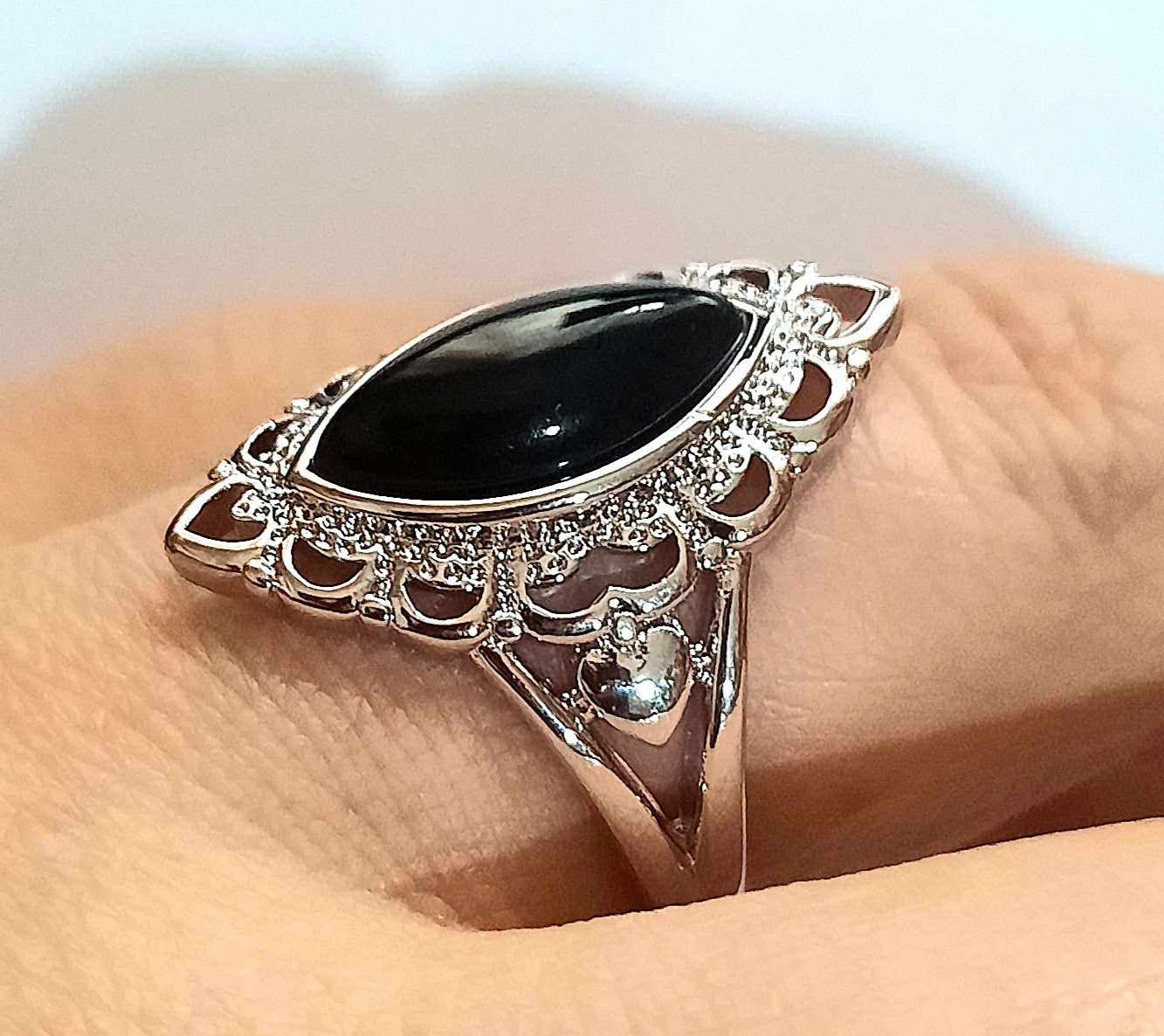 Rings 925 Sterling Silver Black Onyx Bohemian Filigree