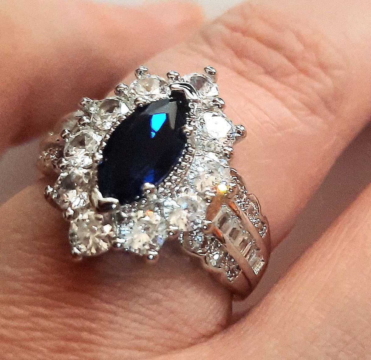 Rings 925 Sterling Silver Marquise Blue Sapphire Zirconia with White Crystals