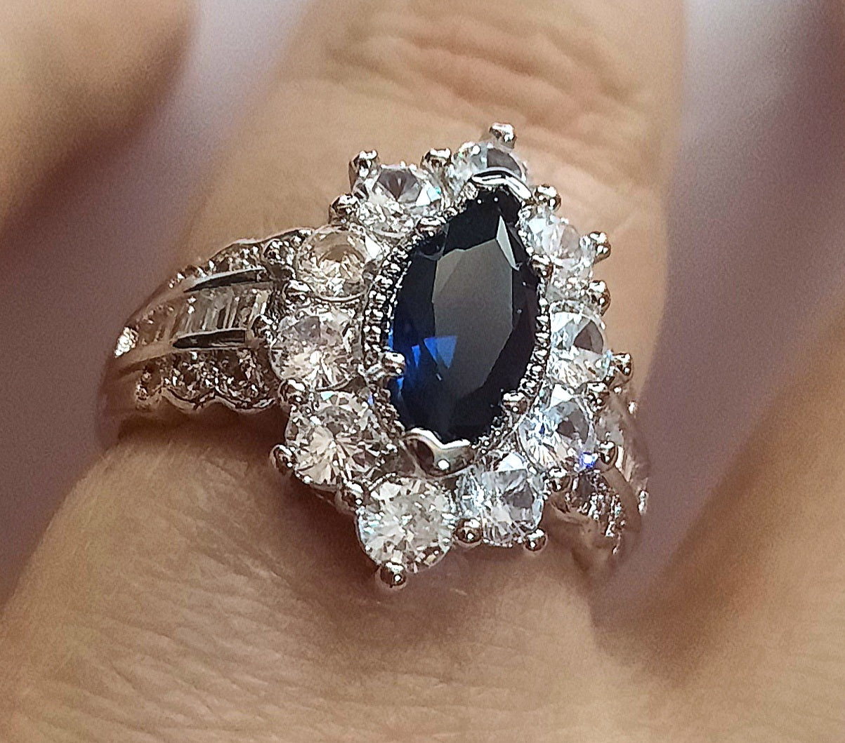 Rings 925 Sterling Silver Marquise Blue Sapphire Zirconia with White Crystals