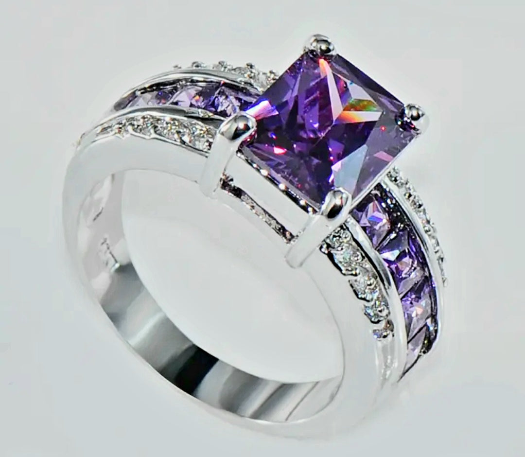 Rings Amethyst Zirconia Stones with White Zirconia Stones Setting. Titanium (No Tarnish)