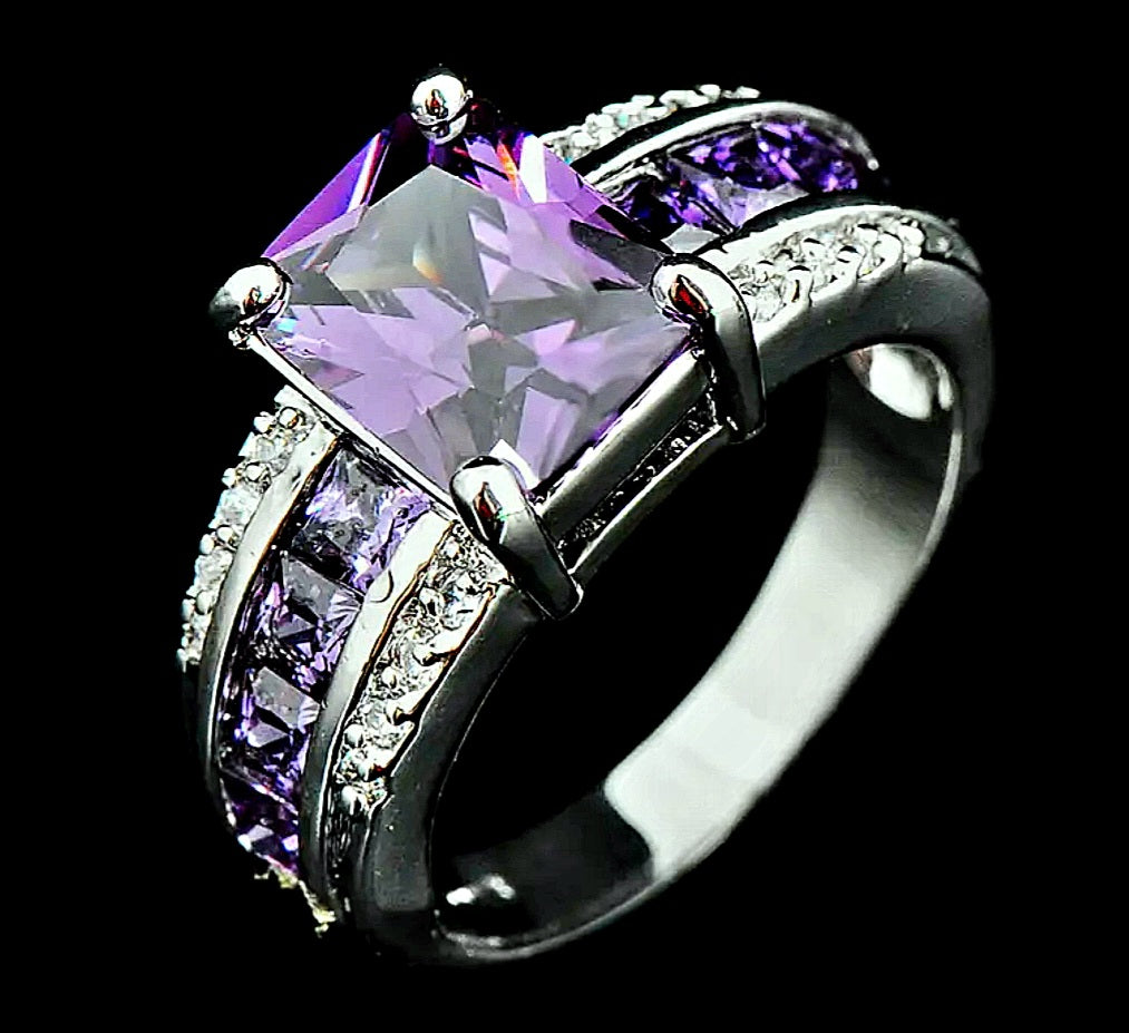 Rings Amethyst Zirconia Stones with White Zirconia Stones Setting. Titanium (No Tarnish)