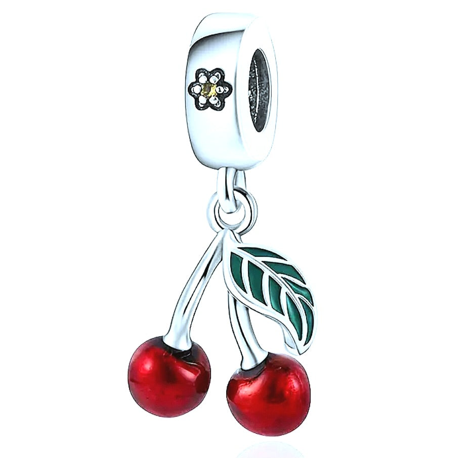 Charms 925 Silver Cherry With Leave and Small Zirconia detail