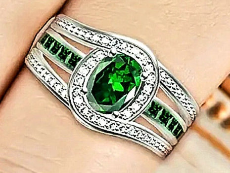Rings 925 Sterling Silver Emerald Zirconia's and White Zirconia's Band Setting.