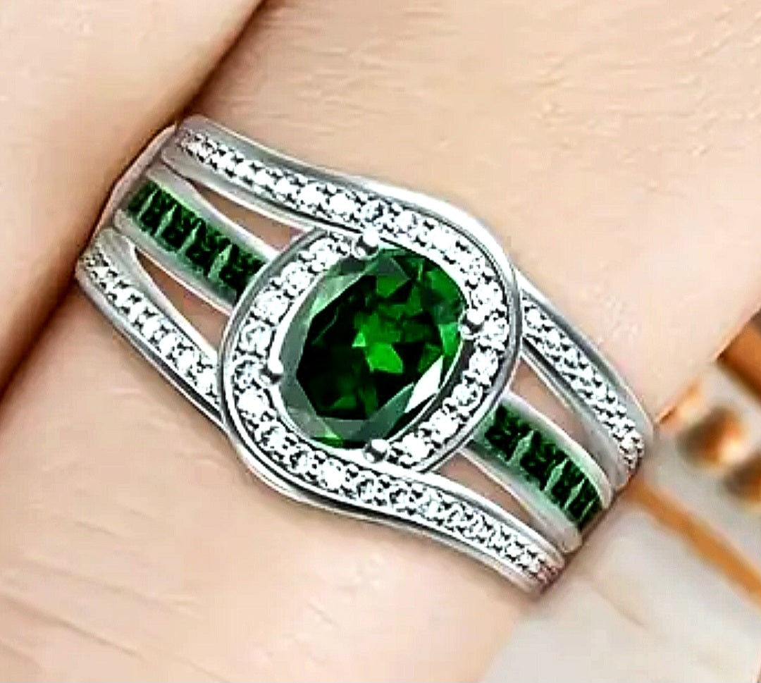 Rings 925 Sterling Silver Emerald Zirconia's and White Zirconia's Band Setting.