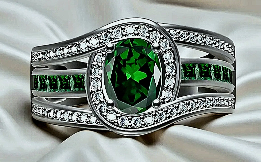 Rings 925 Sterling Silver Emerald Zirconia's and White Zirconia's Band Setting.