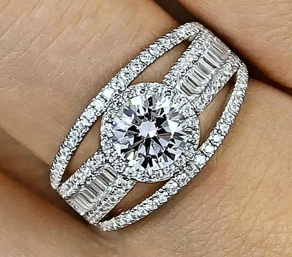 Rings 925 Silver Round Cut Multiple Zirconia's 3 Rows Band Setting.