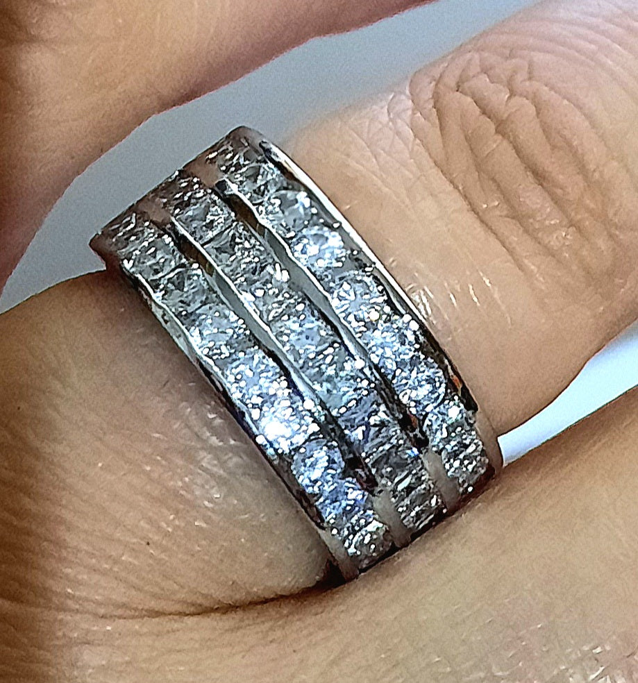 Rings 925 Sterling Silver Three Row Eternity White Zirconia Band