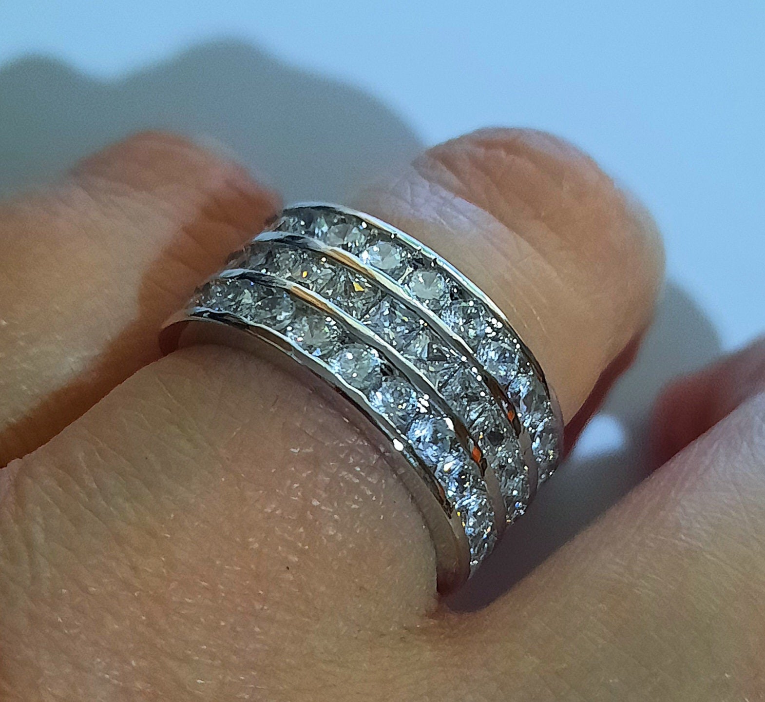 Rings 925 Sterling Silver Three Row Eternity White Zirconia Band