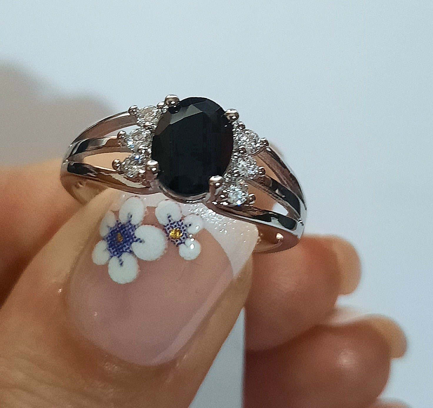 Rings 925 Sterling Silver Oval Black Onyx Zirconia Stone Setting with Zirconia Sides.