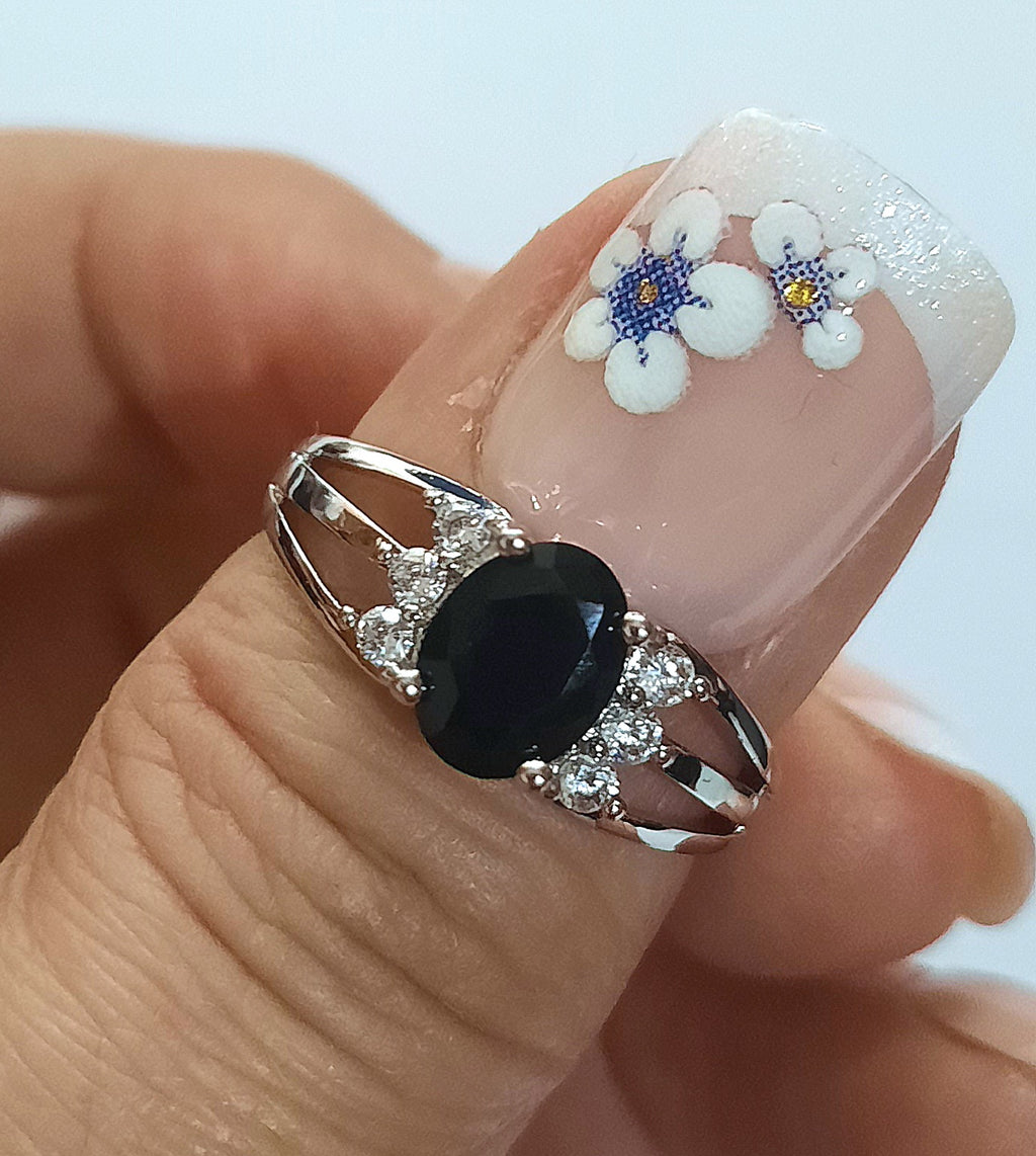 Rings 925 Sterling Silver Oval Black Onyx Zirconia Stone Setting with Zirconia Sides.