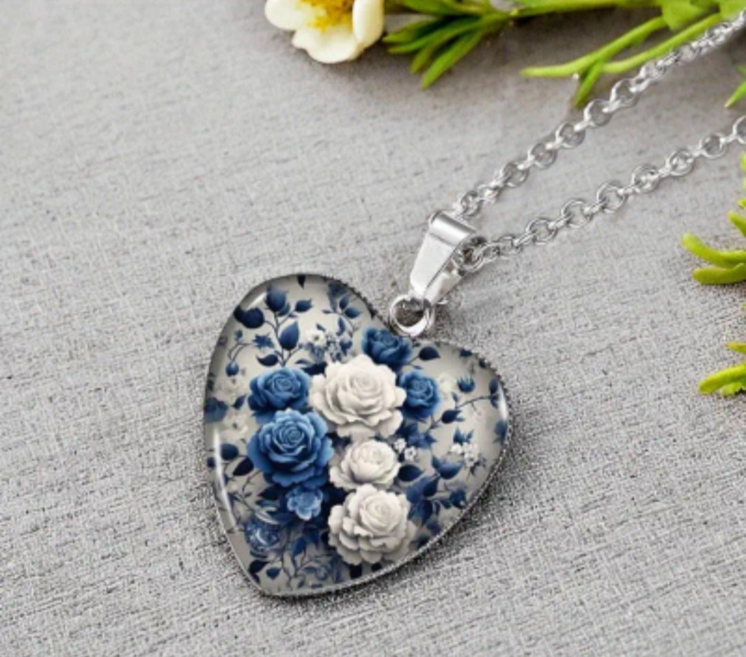 Bohemian Blue and White Roses Heart Pure Titanium Necklace