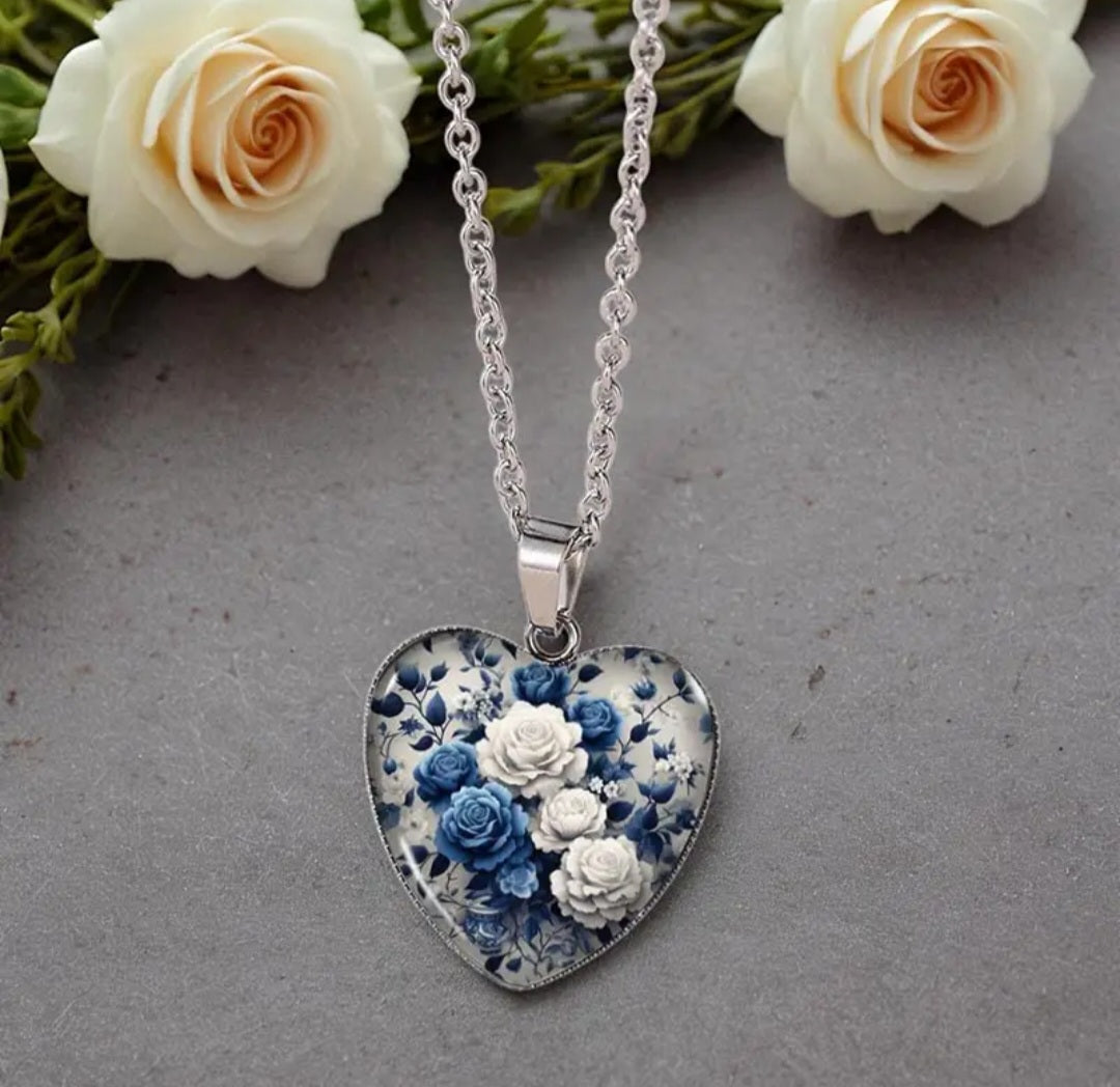 Bohemian Blue and White Roses Heart Pure Titanium Necklace