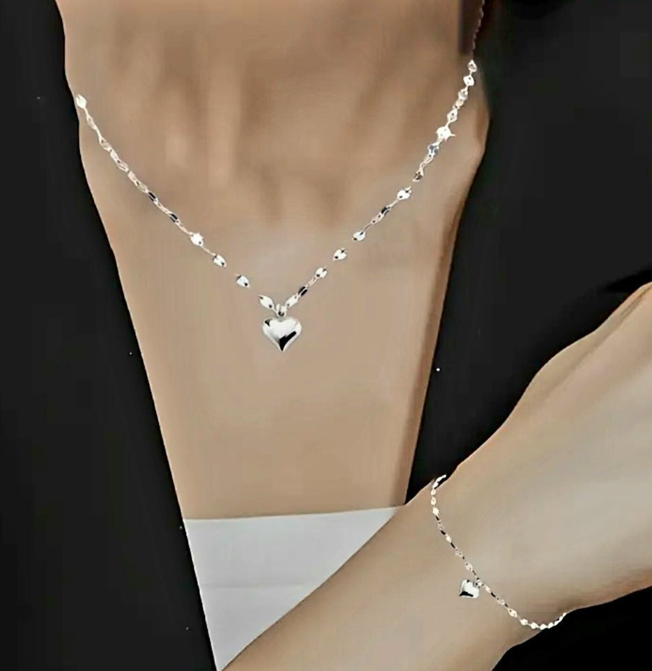 Necklace and Bracelet set with small Heart Pendants adjustable 925 Silver