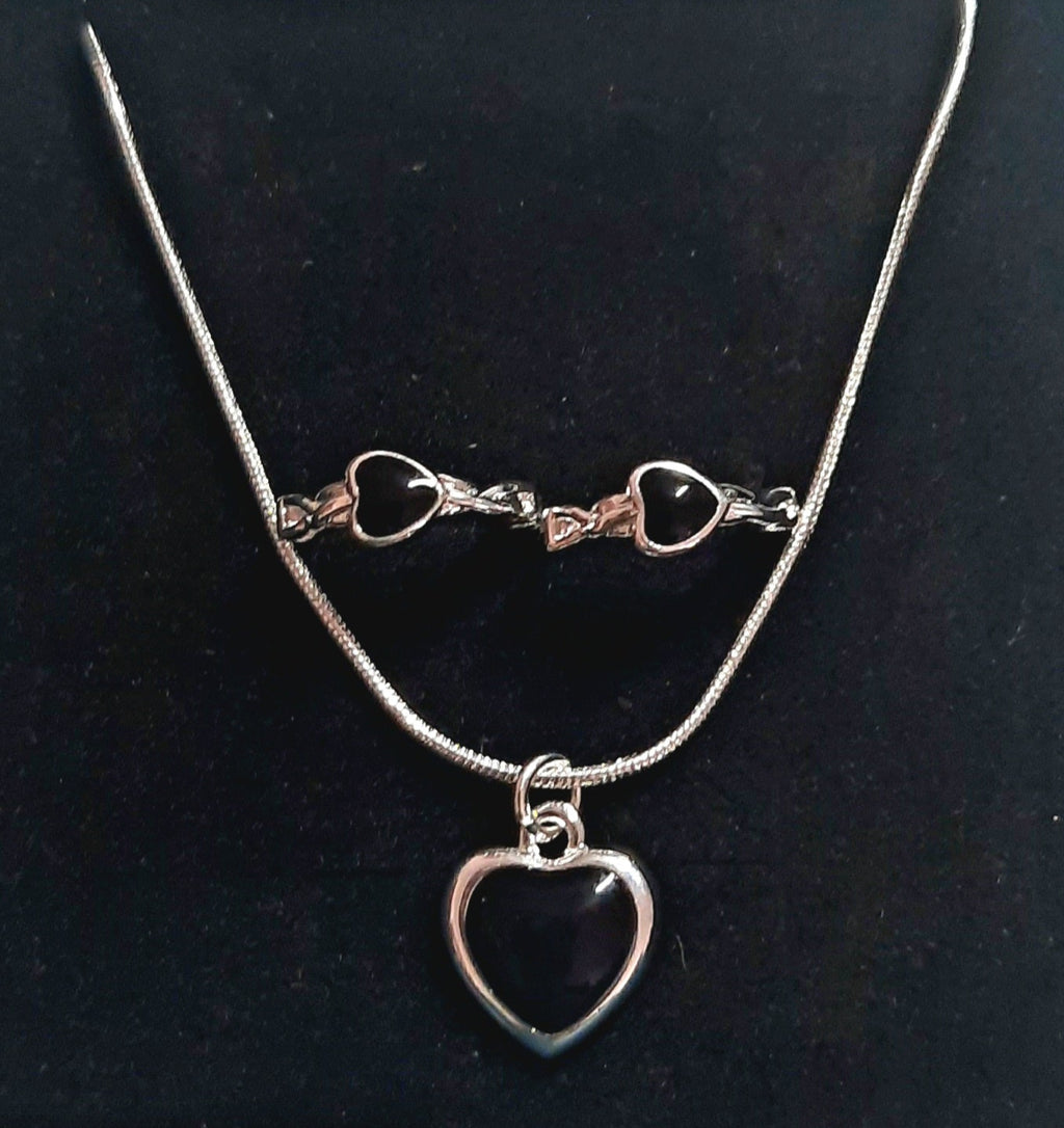 Earrings Necklace sets 925 Sterling Silver with Black Opal Hearts