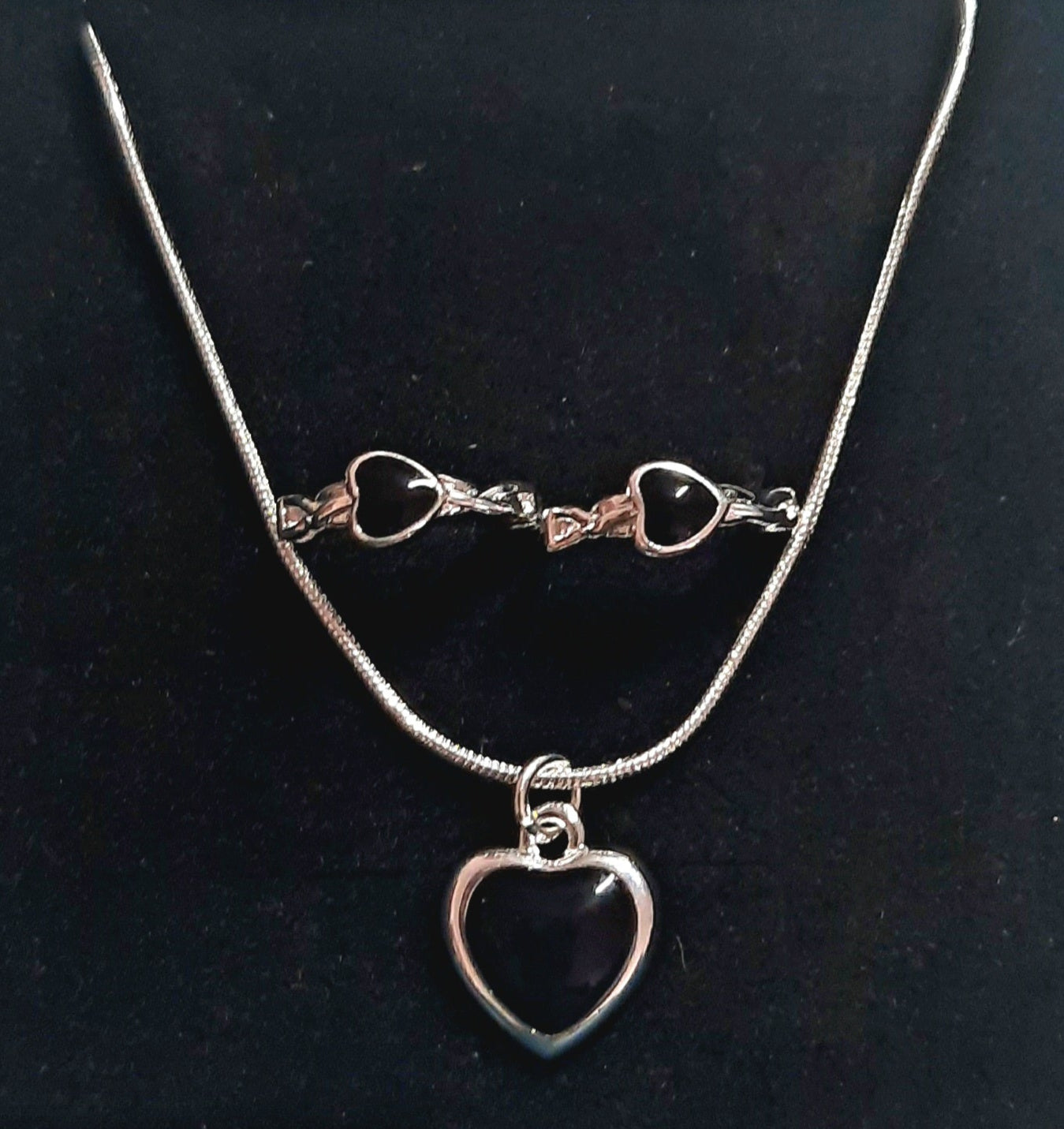 Earrings Necklace sets 925 Sterling Silver with Black Opal Hearts