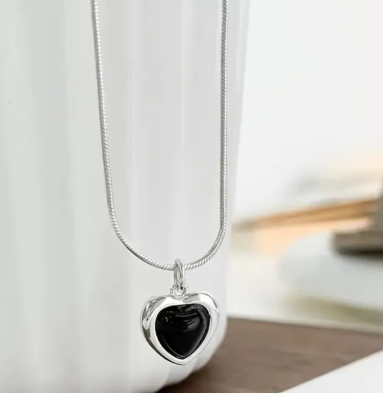 Earrings Necklace sets 925 Sterling Silver with Black Opal Hearts
