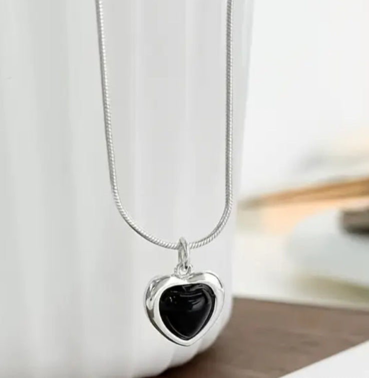 Necklace 925 Sterling Silver Black Opal Heart Adjustable size