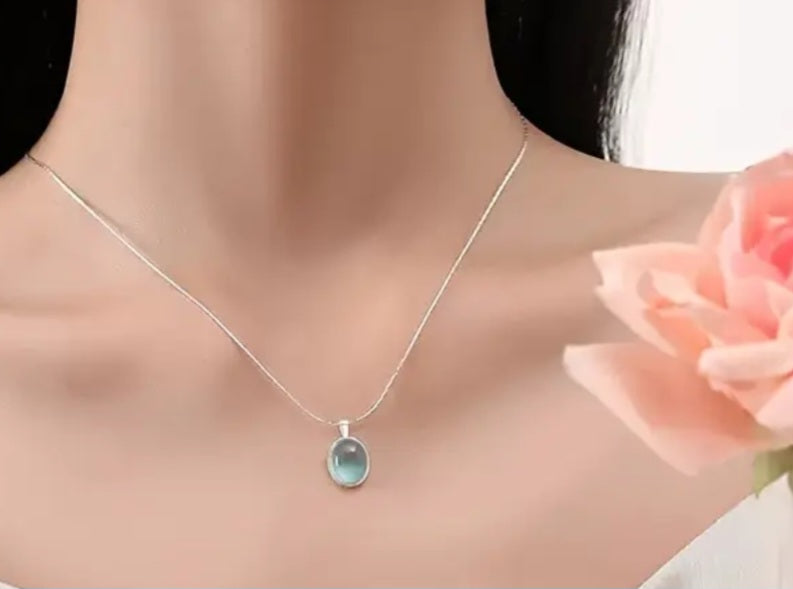 Necklaces 925 Silver Light Blue Opal Pendant Necklace adjustable