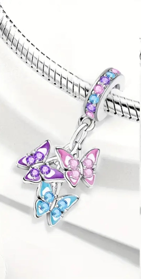 Charms 925 Sterling Silver Pink Blue Purple Butterflies