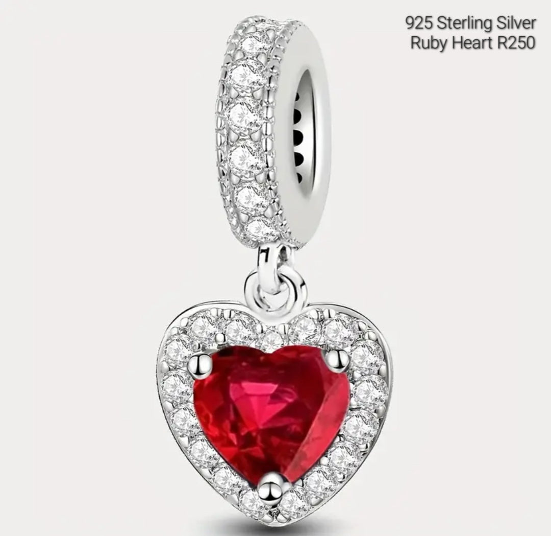 Charms 925 Sterling Silver Ruby Red Heart