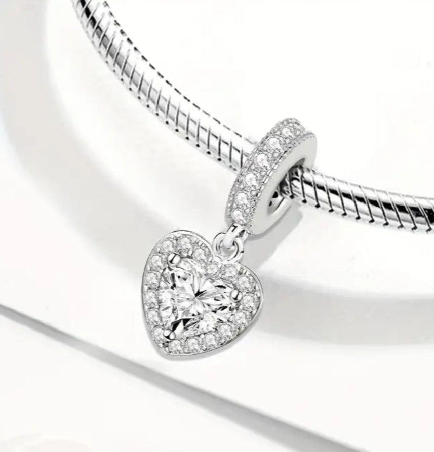 Charms 925 Silver White Zirconia Heart Charm/Pendant