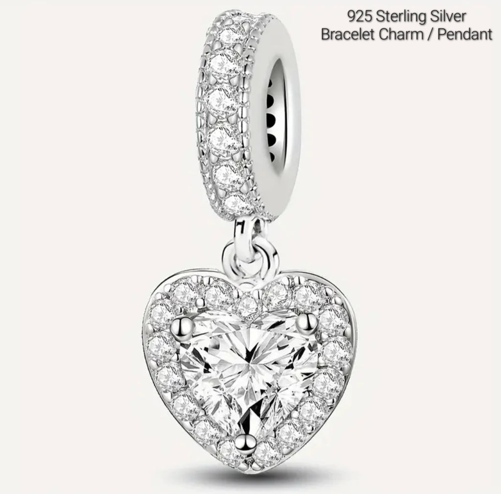 Charms 925 Silver White Zirconia Heart Charm/Pendant